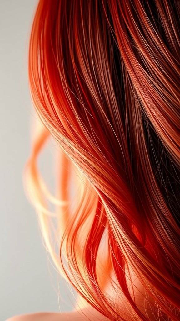Close-up of hair with golden highlights on crimson hair