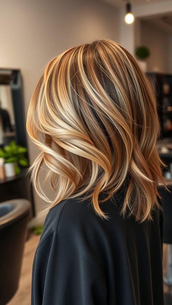A close-up view of a golden honey shag haircut with swooping layers, showcasing the warm tones and textured style.