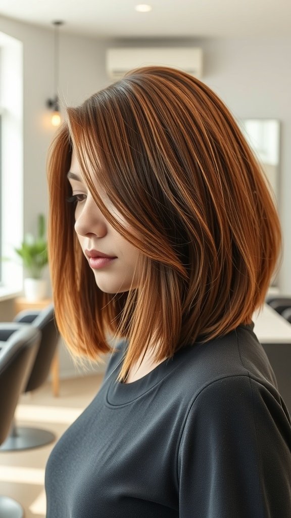 A woman with a graduated mid-length bob hairstyle, featuring layers and face-framing elements.