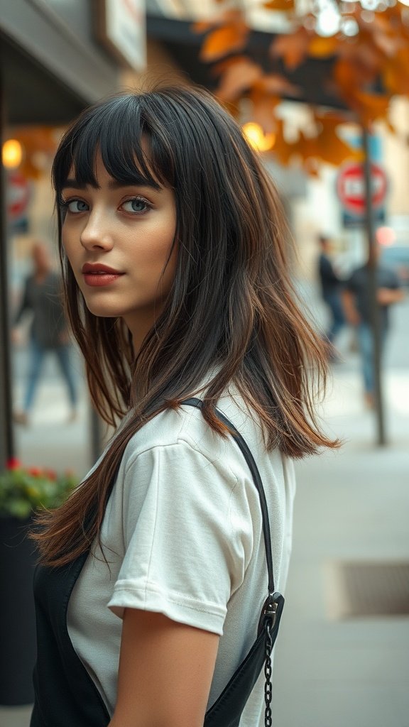 A woman with grungy curtain bangs and dark roots, wearing a casual outfit, looking stylish in an urban setting.