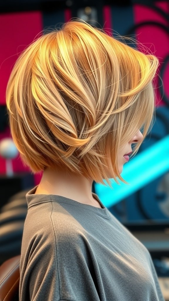 A stylish honey blonde bob haircut with top volume and soft waves.