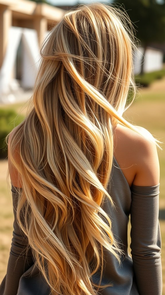 A woman with long honey blonde layered waves, showcasing a beautiful hairstyle.