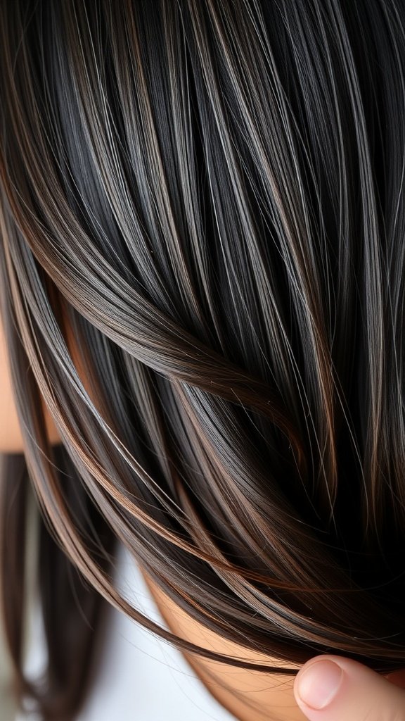 Close-up of dark brown hair with jet black base and dark chocolate highlights