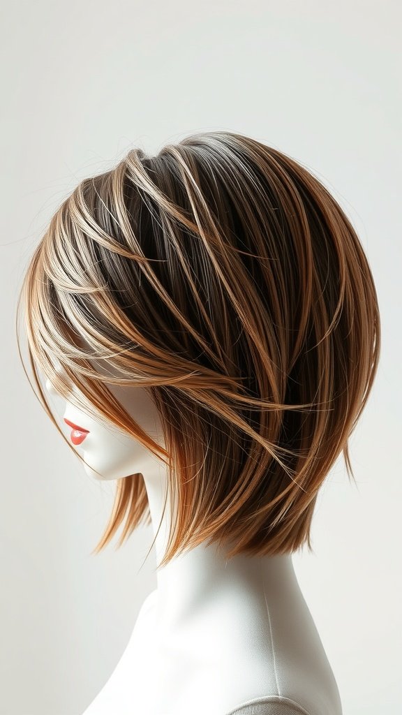 A layered pageboy haircut showcasing soft layers and highlights, styled on a mannequin.