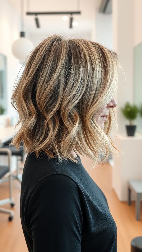 A woman with a medium choppy layered haircut, showcasing soft waves and a youthful look.