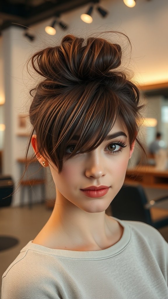 A young woman with a messy bun and delicate wispy bangs, showcasing a casual yet stylish hairstyle.