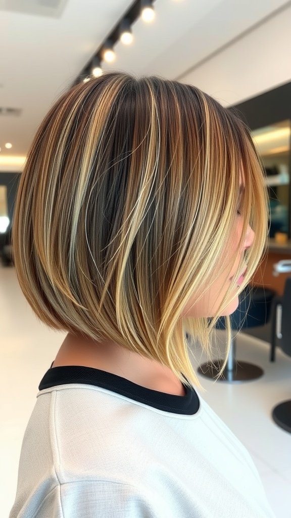 Mid-length box bob hairstyle with soft balayage highlights.