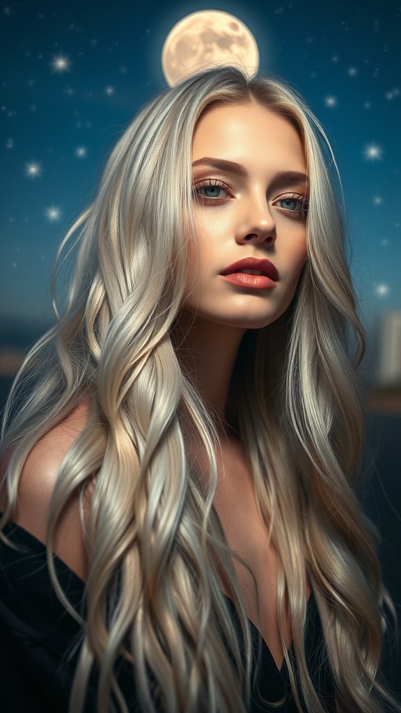 A model with long, wavy silvery blonde hair, illuminated by the moonlight in a starry night sky.