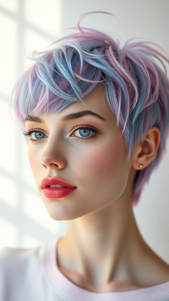 A close-up of a person with a multicolored pastel pixie cut featuring pink and blue shades.