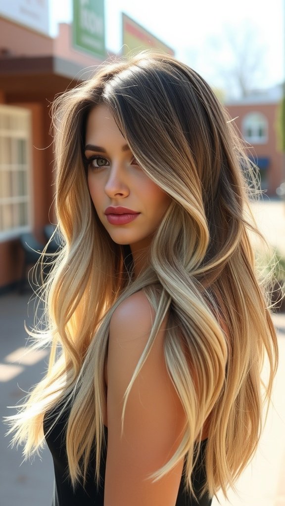 A woman with long, wavy hair featuring a natural-looking ash blonde ombre hairstyle.