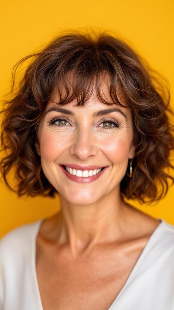 A woman with a naturally curly bob hairstyle and wispy bangs, smiling against a yellow background.