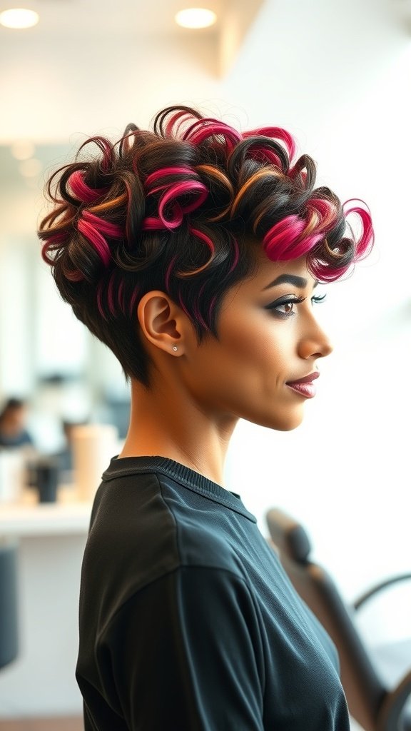 A woman with a pin-curl pixie cut featuring vibrant pink and orange highlights, showcasing a stylish and playful hairstyle.