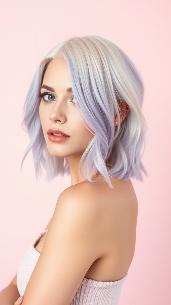 A woman with platinum blonde hair and lavender tips, styled in a chic bob cut, against a pink background.