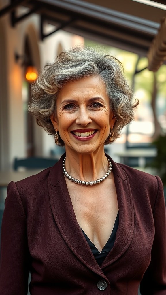 A woman with a playful short curly bob hairstyle, smiling confidently while wearing a stylish outfit and a statement necklace.