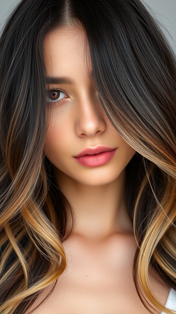 A woman with raven-black hair featuring sandy blonde highlights, showcasing a striking contrast and radiant glow.
