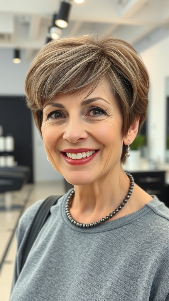 A woman with a stylish razor cut and micro bangs, smiling in a salon setting.