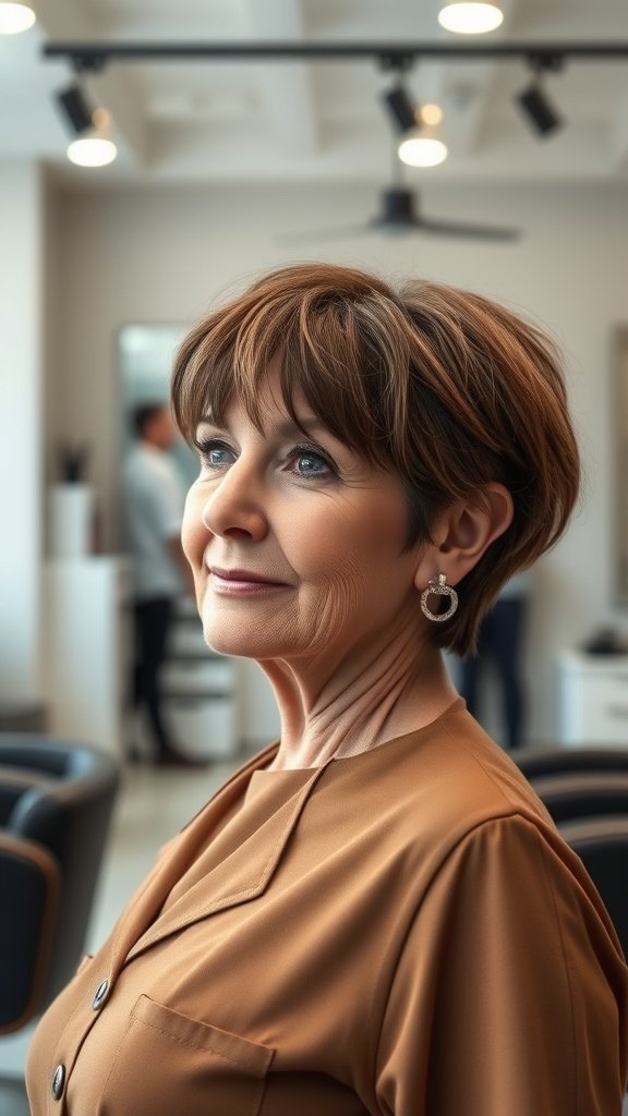 A woman with a razor cut hairstyle and micro bangs, showcasing a modern and stylish look.