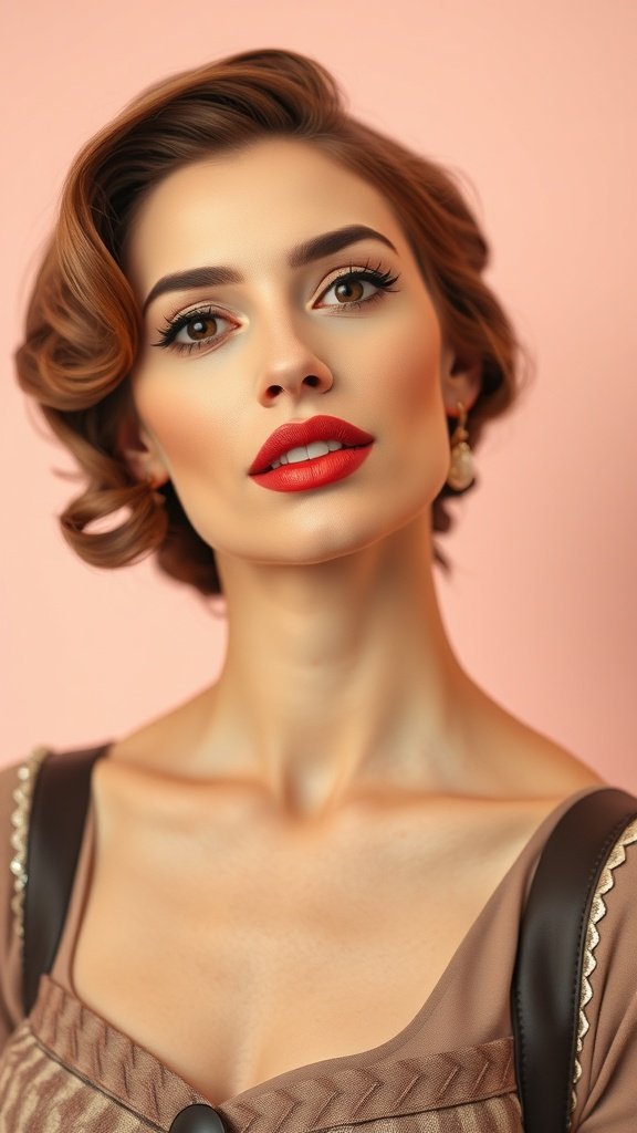 A woman with chin-length hair styled in retro finger waves, wearing bold red lipstick and elegant makeup.