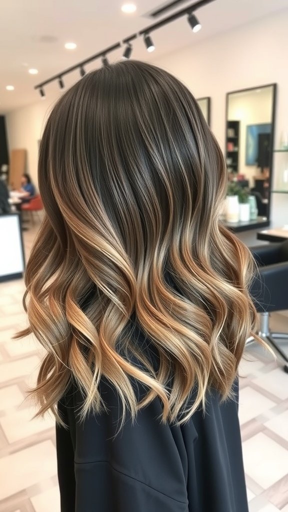 Shoulder-length hair with reverse balayage, featuring dark roots and lighter ends, styled in soft waves.