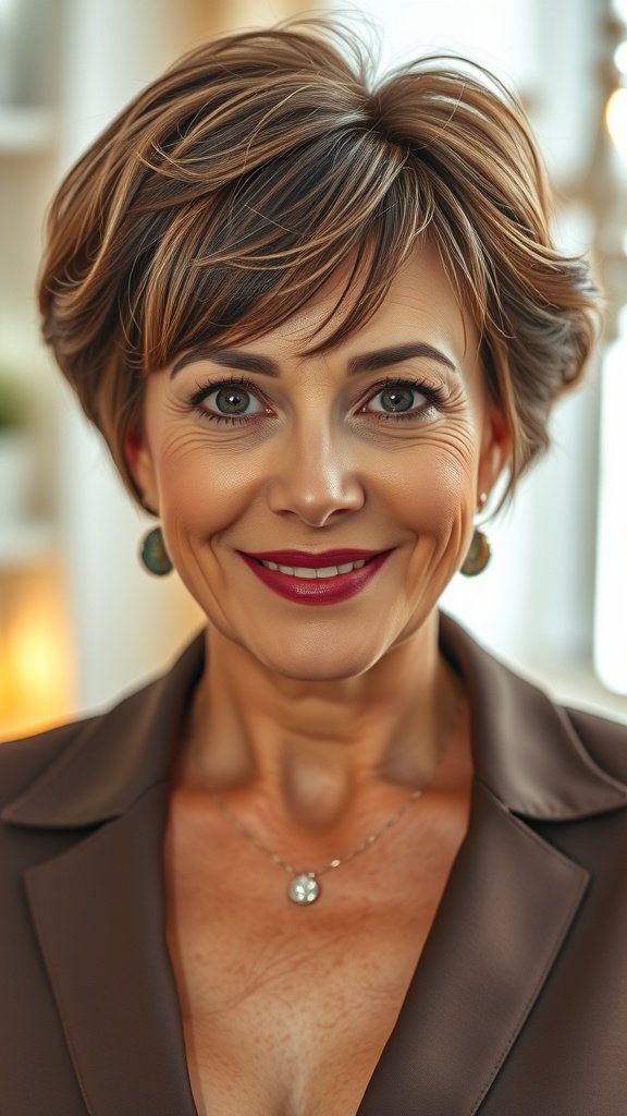 A woman with a rounded layered cut and arching bangs, showcasing a stylish and youthful look.