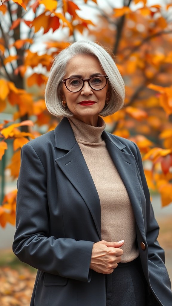 A stylish older woman with a rounded wedge bob hairstyle, wearing a blazer and standing in front of autumn leaves.