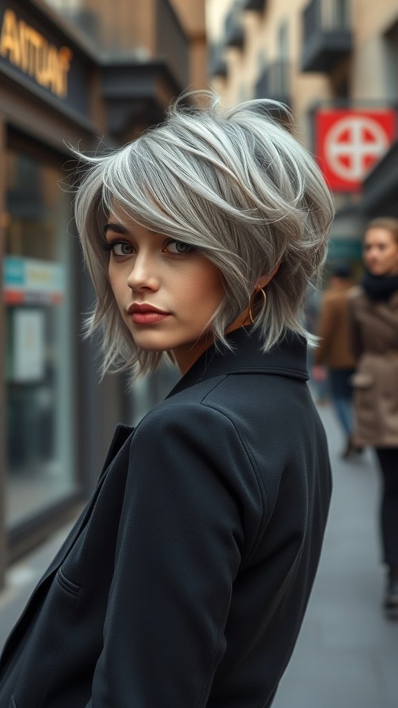 A woman with a salt and pepper bixie haircut, showcasing volume and style.