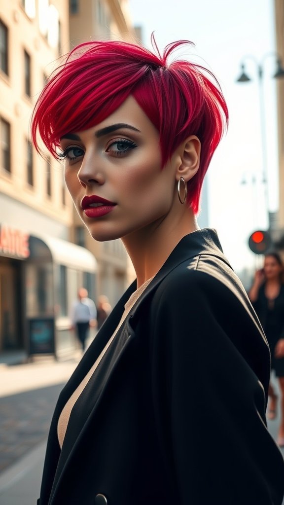A woman with a sassy side-swept pixie cut in vibrant red hair, wearing a black blazer, standing in an urban setting.