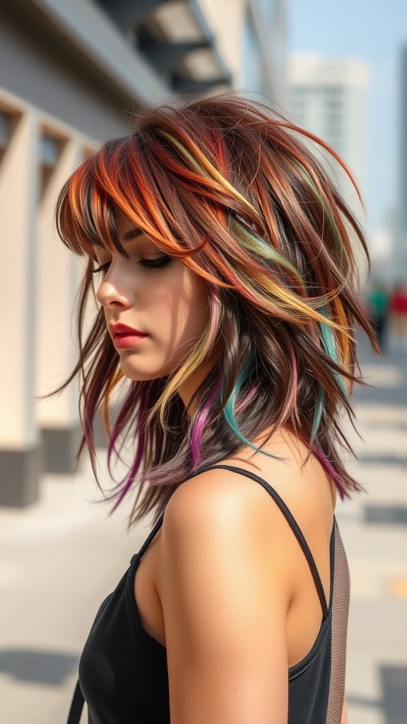 A woman with a shaggy mullet hairstyle featuring wavy ends and vibrant colors.