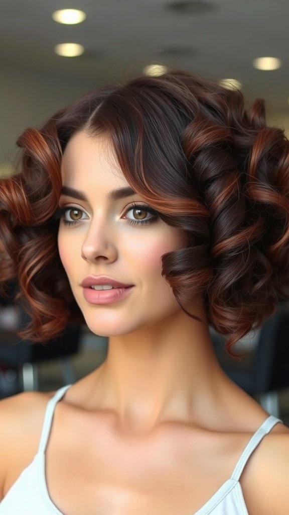 A woman with a short asymmetrical curly perm and side bangs, showcasing vibrant curls and a stylish look.