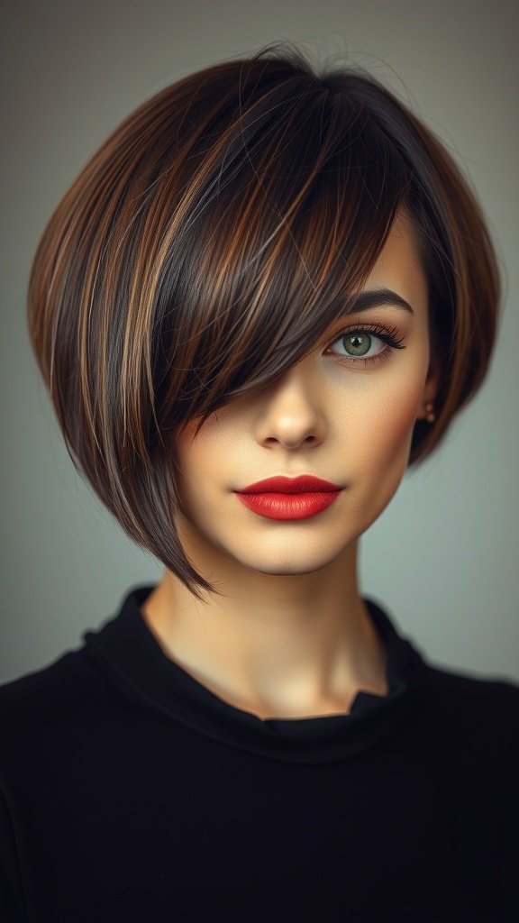 A woman with a short chocolate brown bob hairstyle and side-swept bangs, wearing a black top and red lipstick.