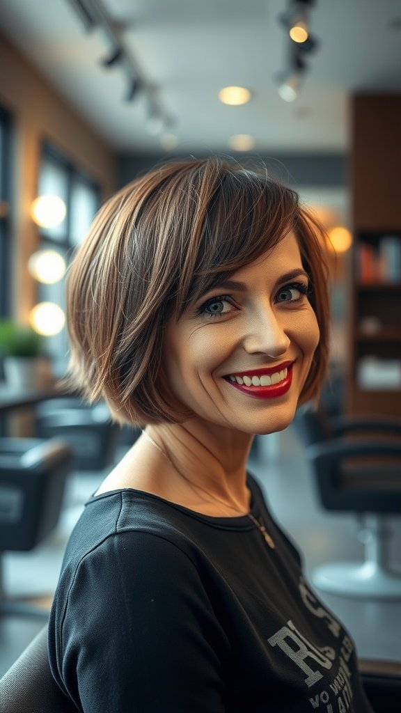 A woman with a short choppy bob hairstyle, smiling in a salon setting.