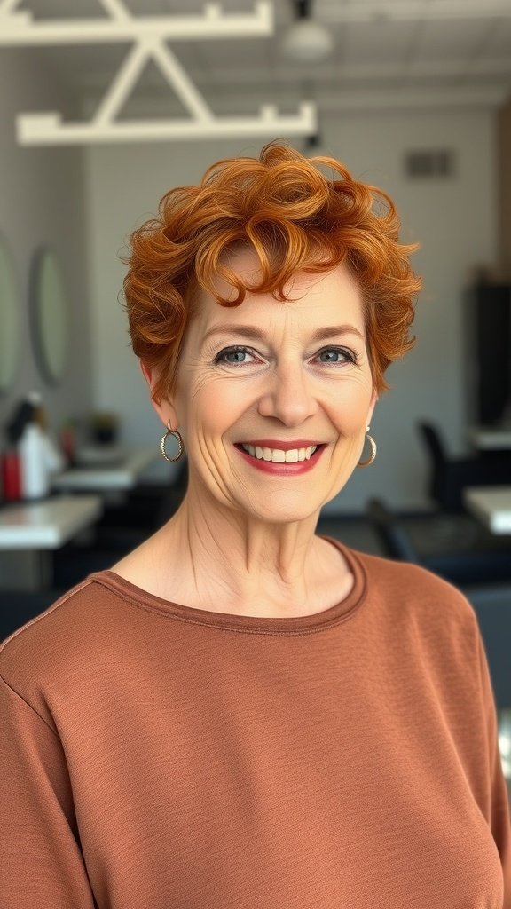 A woman with a short curly auburn pixie cut, smiling confidently.
