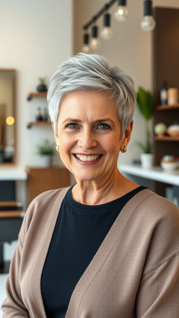 A woman with a short spiky pixie hairstyle, smiling confidently.