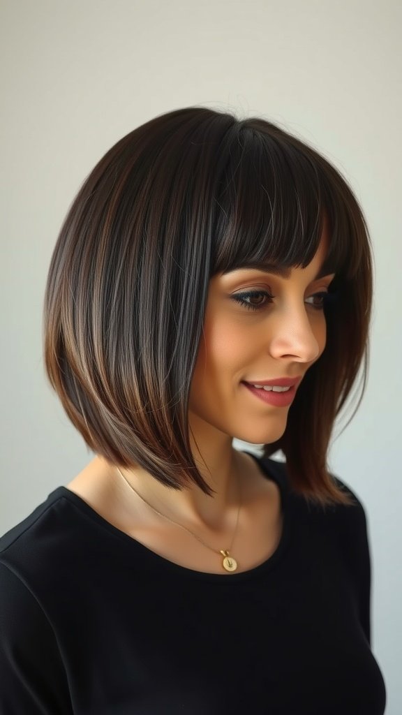 A woman with a shoulder-length hush cut featuring blunt bangs, showcasing a modern and stylish hairstyle.