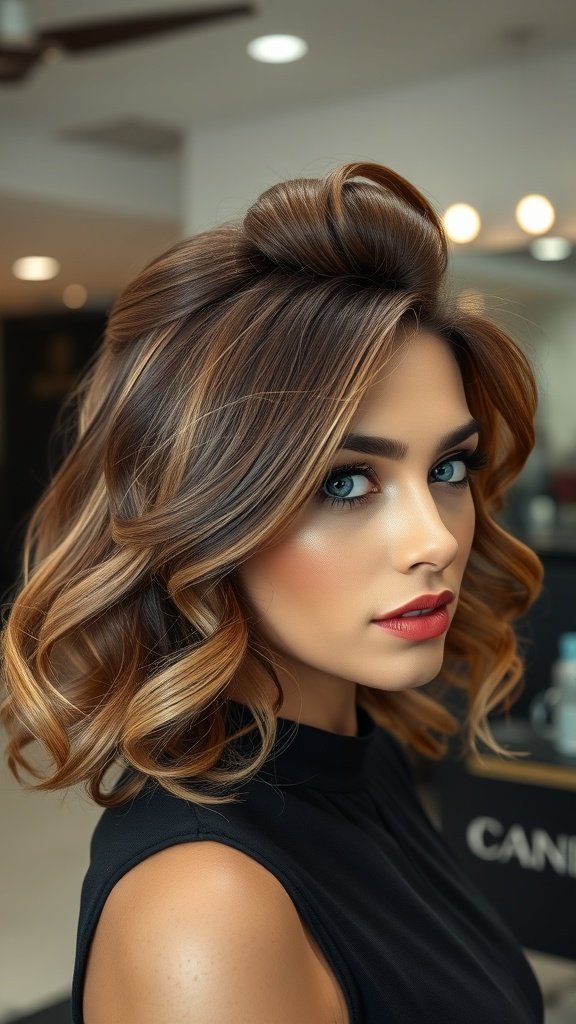 A woman with shoulder-length soft curls and a teased crown hairstyle, looking stylish and confident.