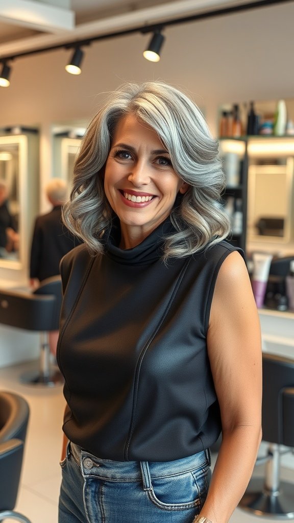 A woman with shoulder-length gray hair styled in soft curls, smiling in a salon.