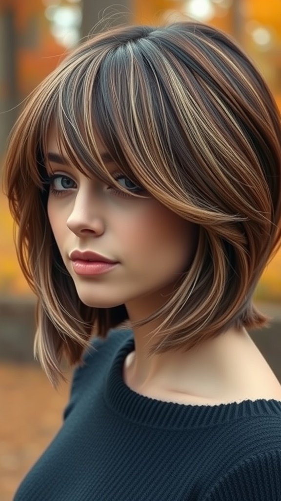 A woman with a layered bob haircut featuring side-swept bangs, showcasing movement and texture.