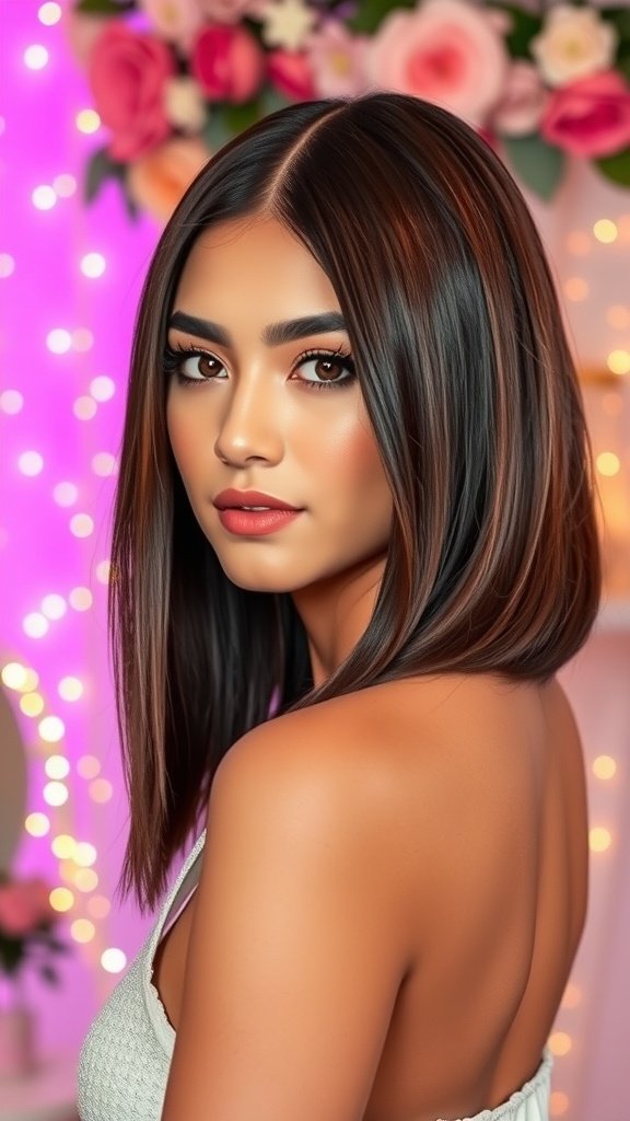 A young woman with sleek, straight lob hairstyle, showcasing a modern and chic look.