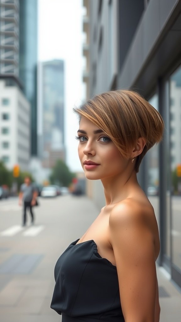 A woman with a sleek asymmetrical crop hairstyle, featuring a side part, standing in an urban setting.