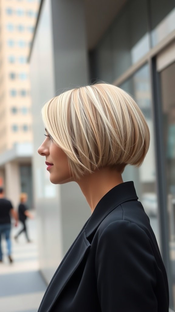 A woman with a sleek razor-cut A-line bob hairstyle, showcasing sharp angles and smooth lines.