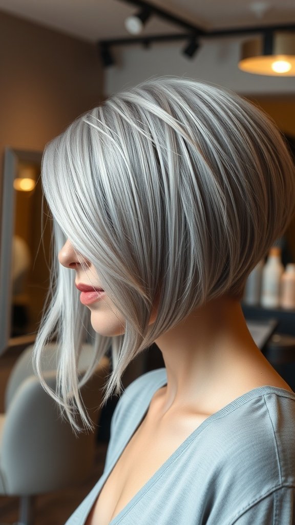 A sleek short angled bob hairstyle with a deep side part, showcasing a modern and elegant look.