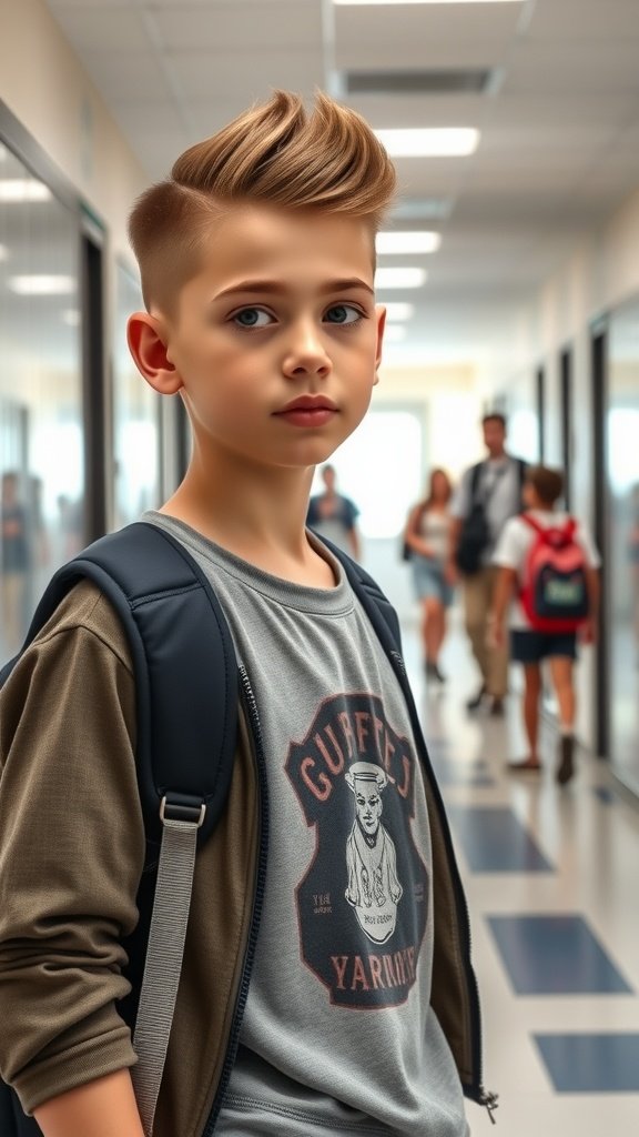 A young boy with a slicked-back hairstyle and high fade, standing in a school hallway.