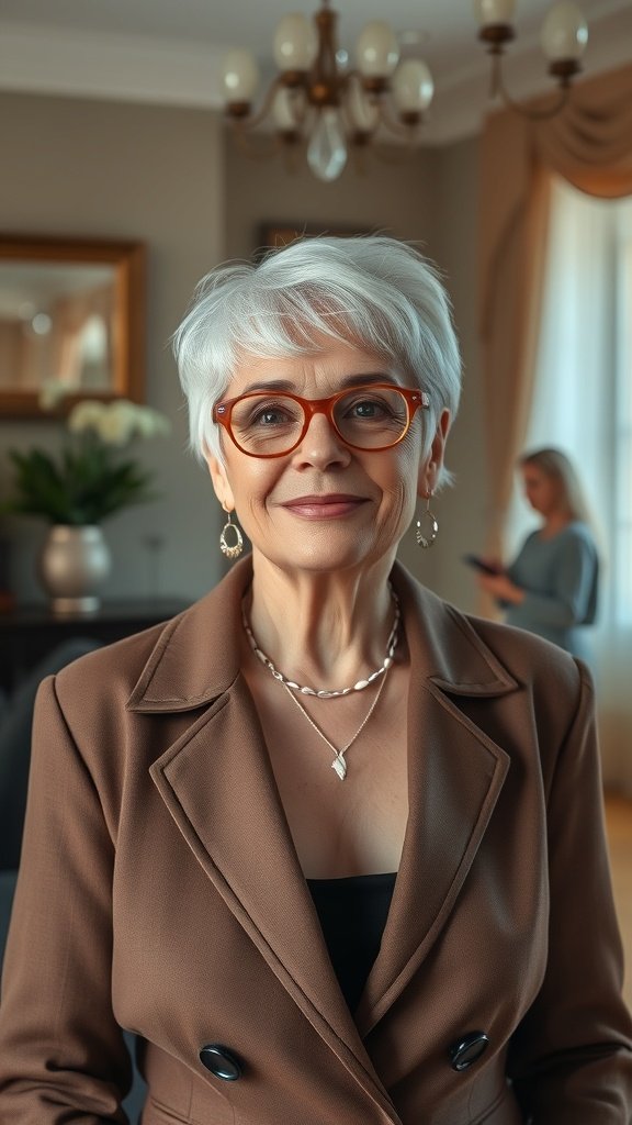 A woman with a soft feathered pixie hairstyle, wearing glasses and a stylish outfit, smiling confidently.