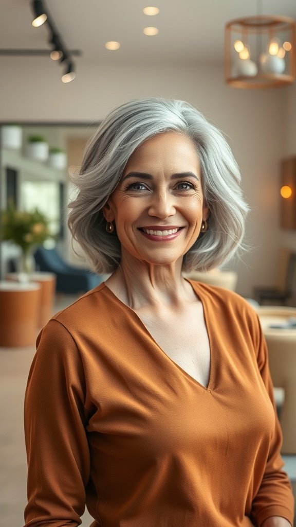 A woman with soft gray waves and a center part, smiling in a stylish outfit.