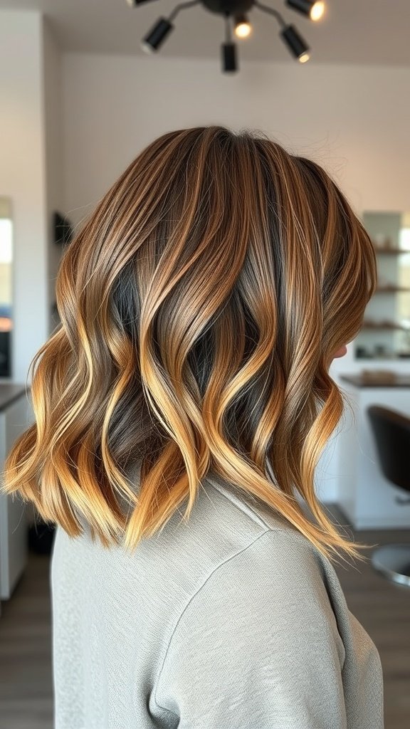 A woman with a soft lob haircut featuring warm tones and wispy ends, styled in gentle waves.