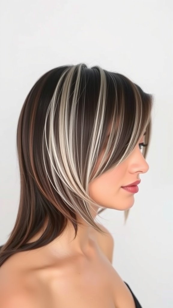 A woman with straight brunette hair featuring silver-blonde highlights, styled elegantly.