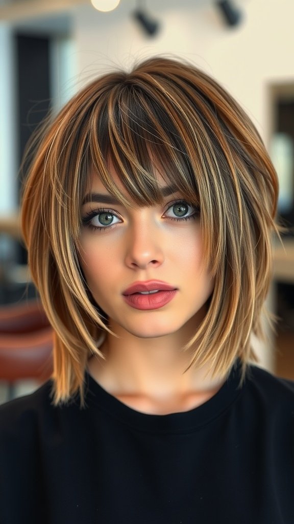 A woman with a straight cut hairstyle featuring face-framing layers, showcasing a vibrant and full look.