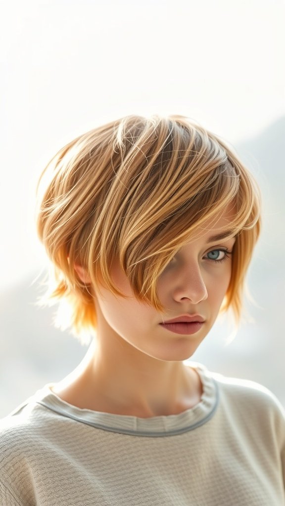 A young woman with a strawberry blonde tousled pixie hairstyle, looking stylish and modern.
