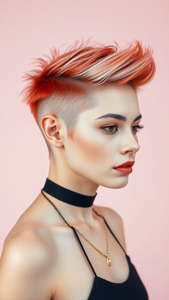 A stylish strawberry blonde undercut hairstyle with volume on top and shaved sides.