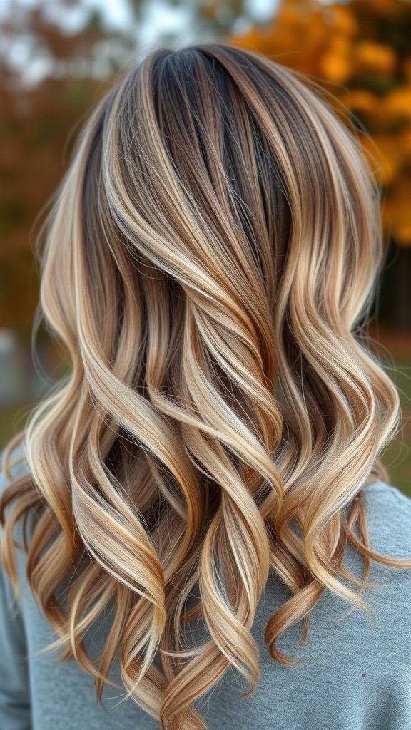 A close-up view of hair featuring subtle rose gold and blonde balayage with soft waves.
